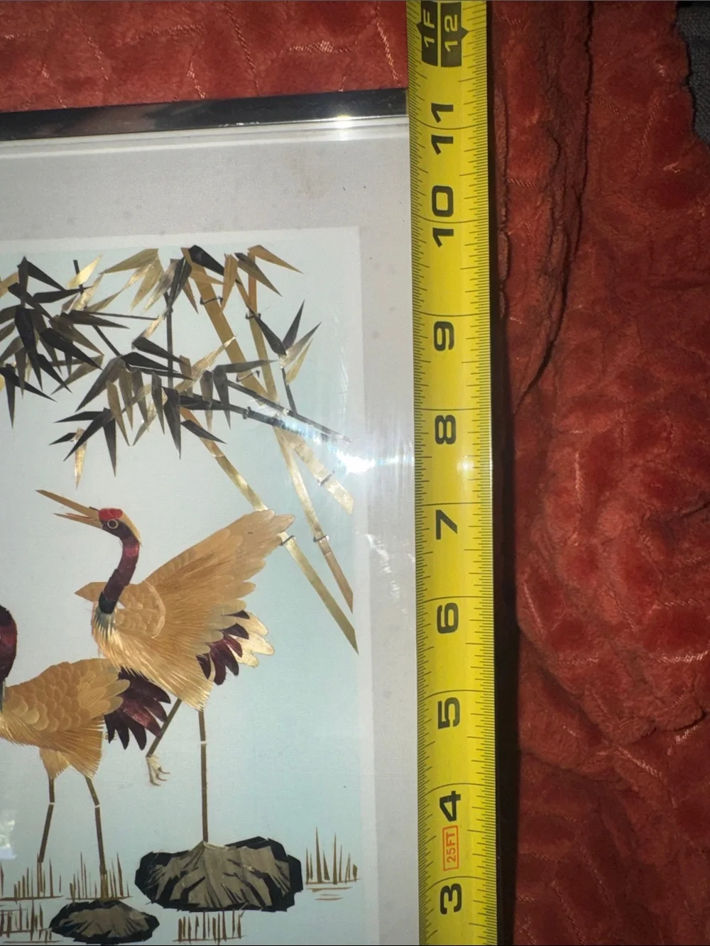 VTG Mid-Century Japanese Straw Mosaic Art | Majestic Cranes in Bamboo Forest